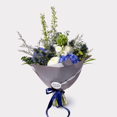 Bubbly Blues Hand Tied Bouquet Wrapped